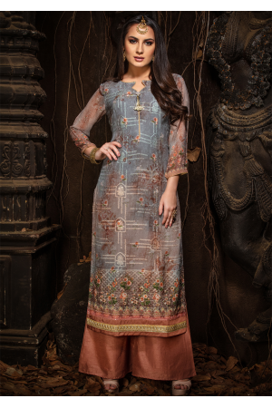 Grey Color Designer Georgette Straight Cut Kurti